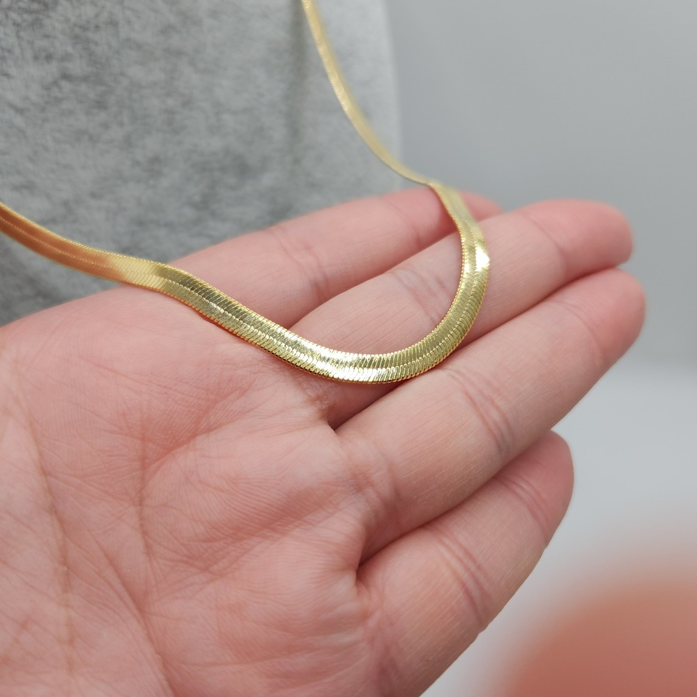 Herringbone Chain Necklace 14K Gold Plated 4mm 16 Inch Flat Snake Gold Link
